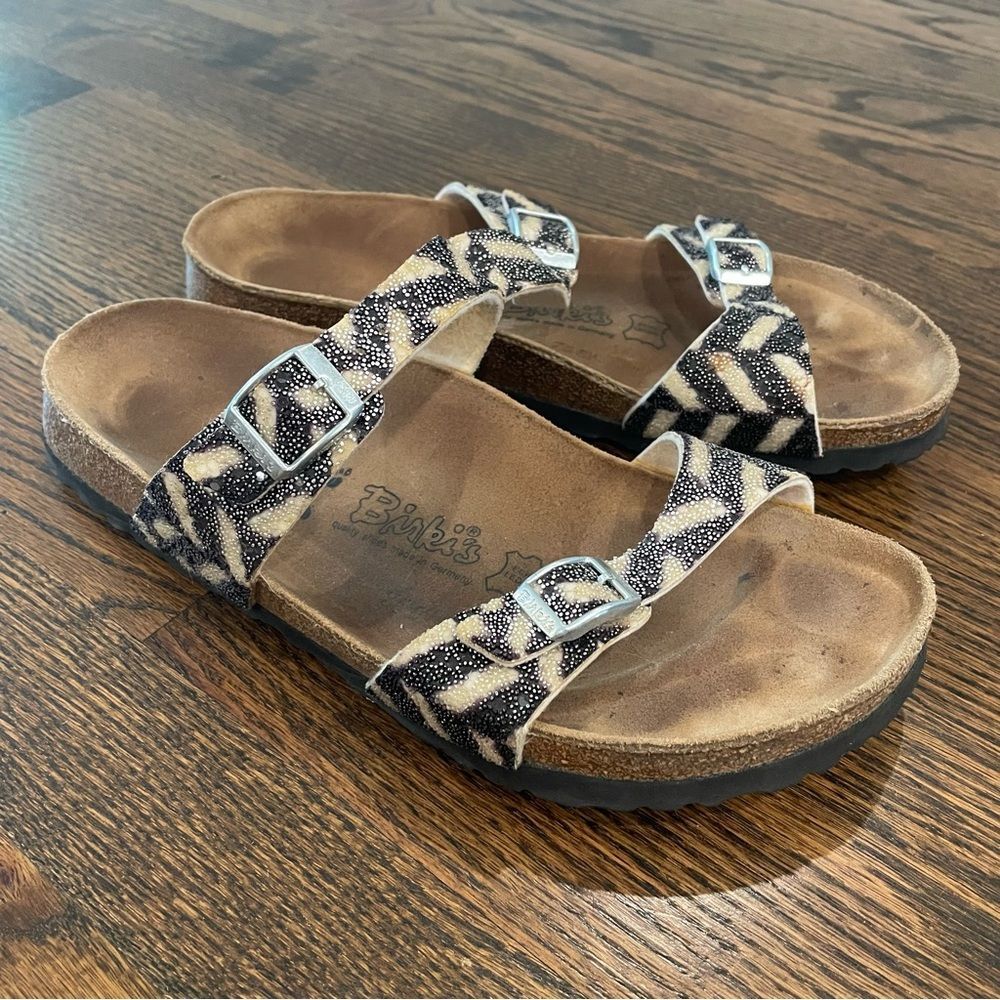 BIRKENSTOCK Birkis Tahiti Black & Cream Zebra Stripe Two Strap Sandals